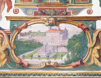 O estudo Studiolo de Francesco deMedici 1541-87 detalhe da decoração friso retratando uma das villas Medici, seu jardim e fonte, afresco 1564-75